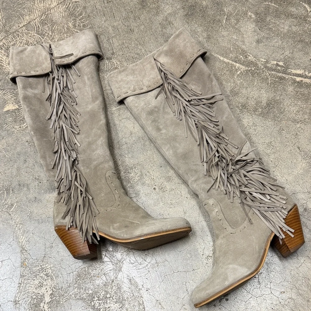* Sam Edelman Over the Knee Fringe Boots - Gray